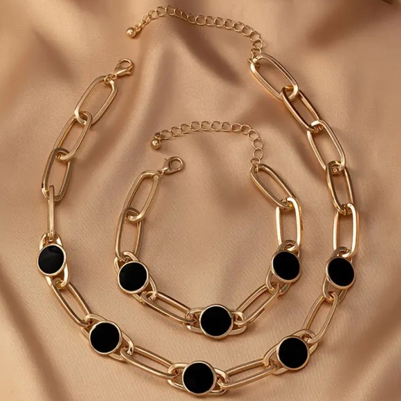 Chunky Luxury Gold Chain Necklace & Bracelet Set with Bold Black Accents Modern - Picture 2 of 5